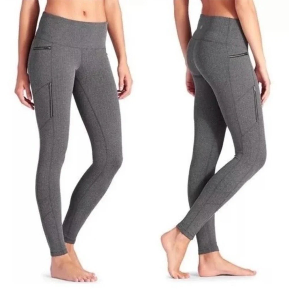 Athleta Herringbone Sly Drifter Tights w/ Zipper Pockets in Grey, Size XS NWOT